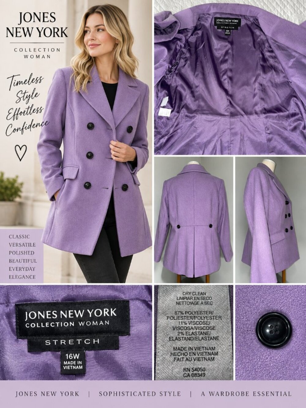 Jones New York Collection Woman Lavender Double Breasted Coat 16W Stretch